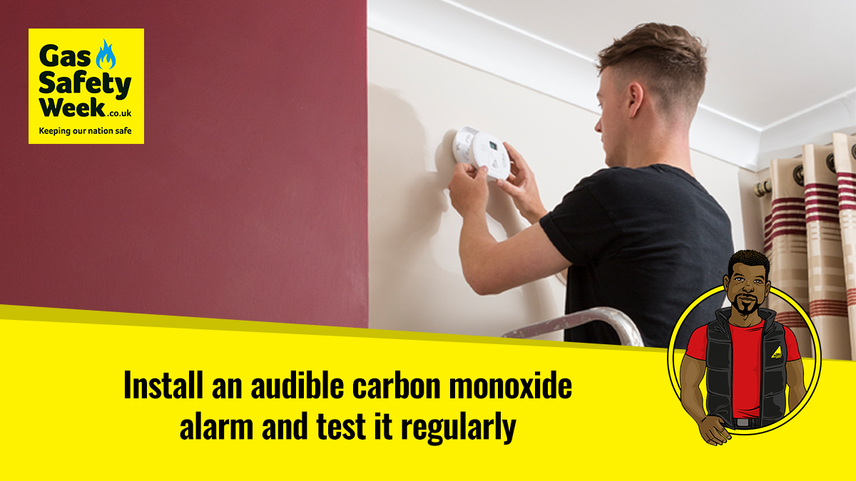 Install an audible carbon monoxide alarm and test it regularly